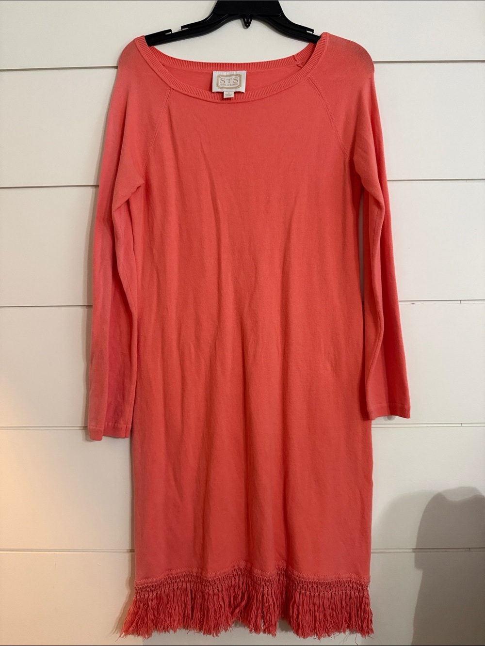 Tuckernuck Sail to Sable Coral Fringe-Hem Long Sleeve Knit Dress